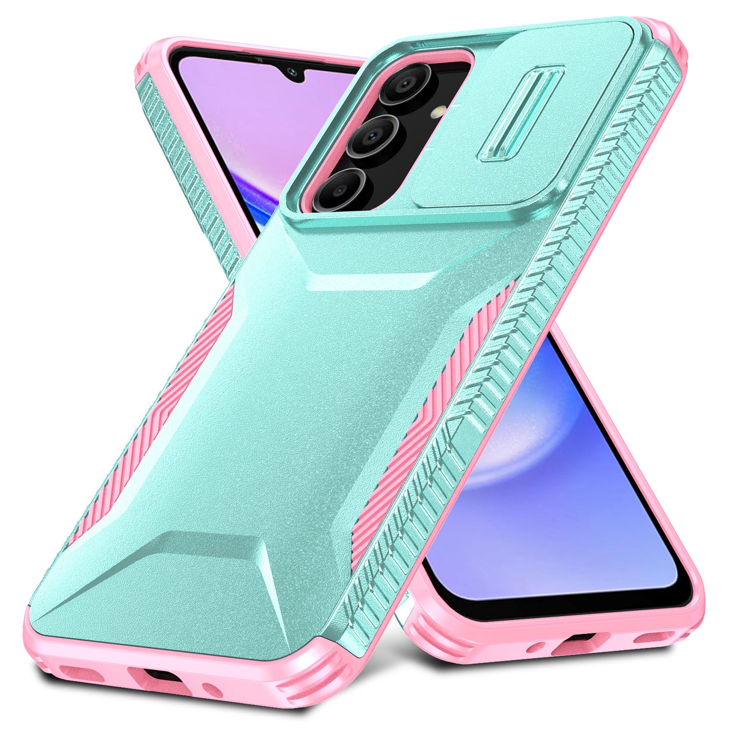 For Samsung Galaxy A16 5G / A16 4G Case Camshield TPU+PC Phone Cover Non-Slip Side Edge - Grey Green+Pink