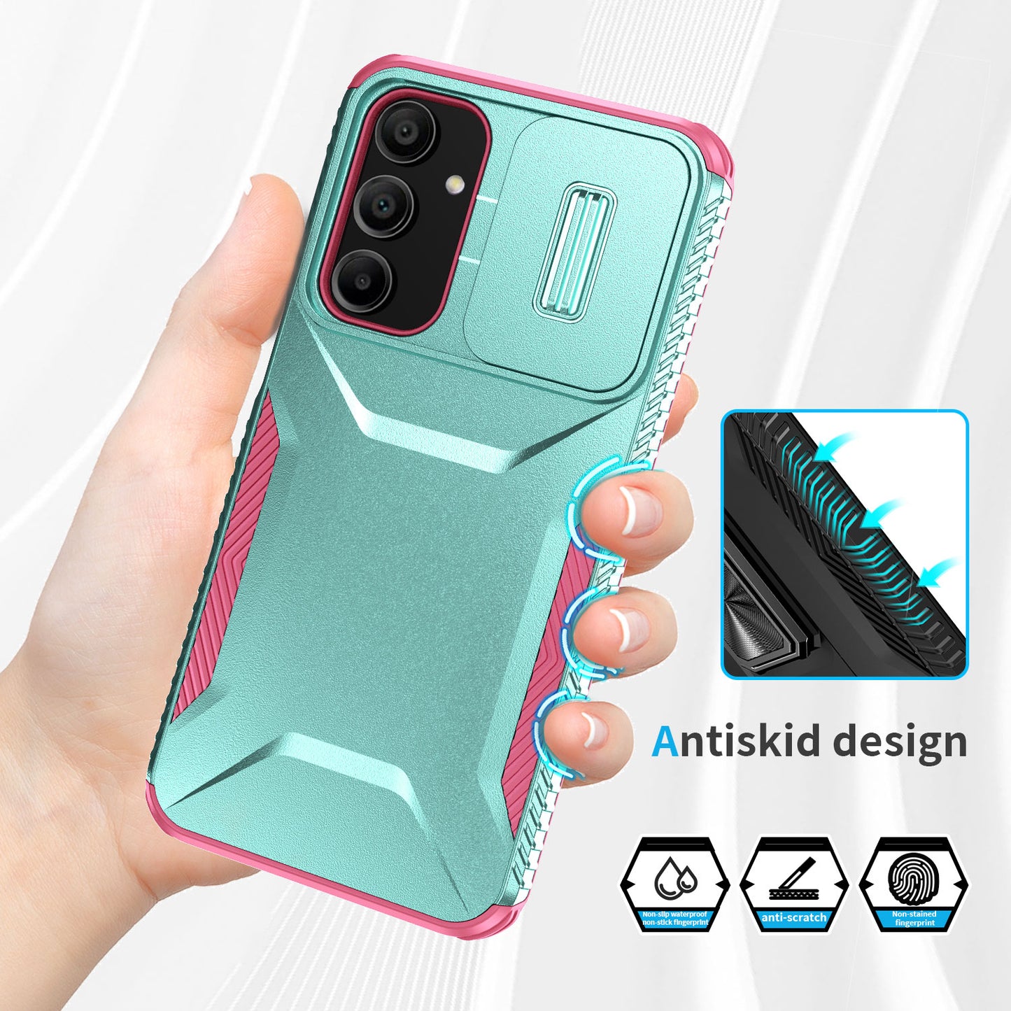 For Samsung Galaxy A16 5G / A16 4G Case Camshield TPU+PC Phone Cover Non-Slip Side Edge - Grey Green+Pink