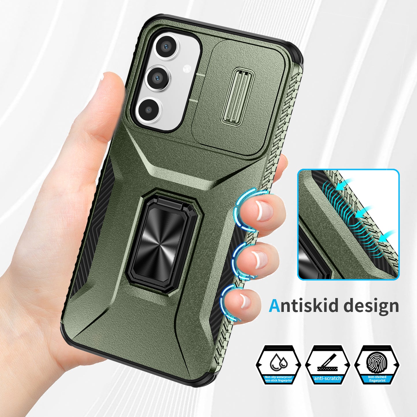 For Samsung Galaxy A16 5G / A16 4G Case Camshield Kickstand TPU+PC Anti-Slip Phone Cover - Green