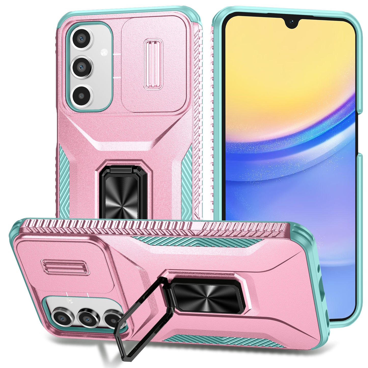 For Samsung Galaxy A16 5G / A16 4G Case Camshield Kickstand TPU+PC Anti-Slip Phone Cover - Pink+Grey Green