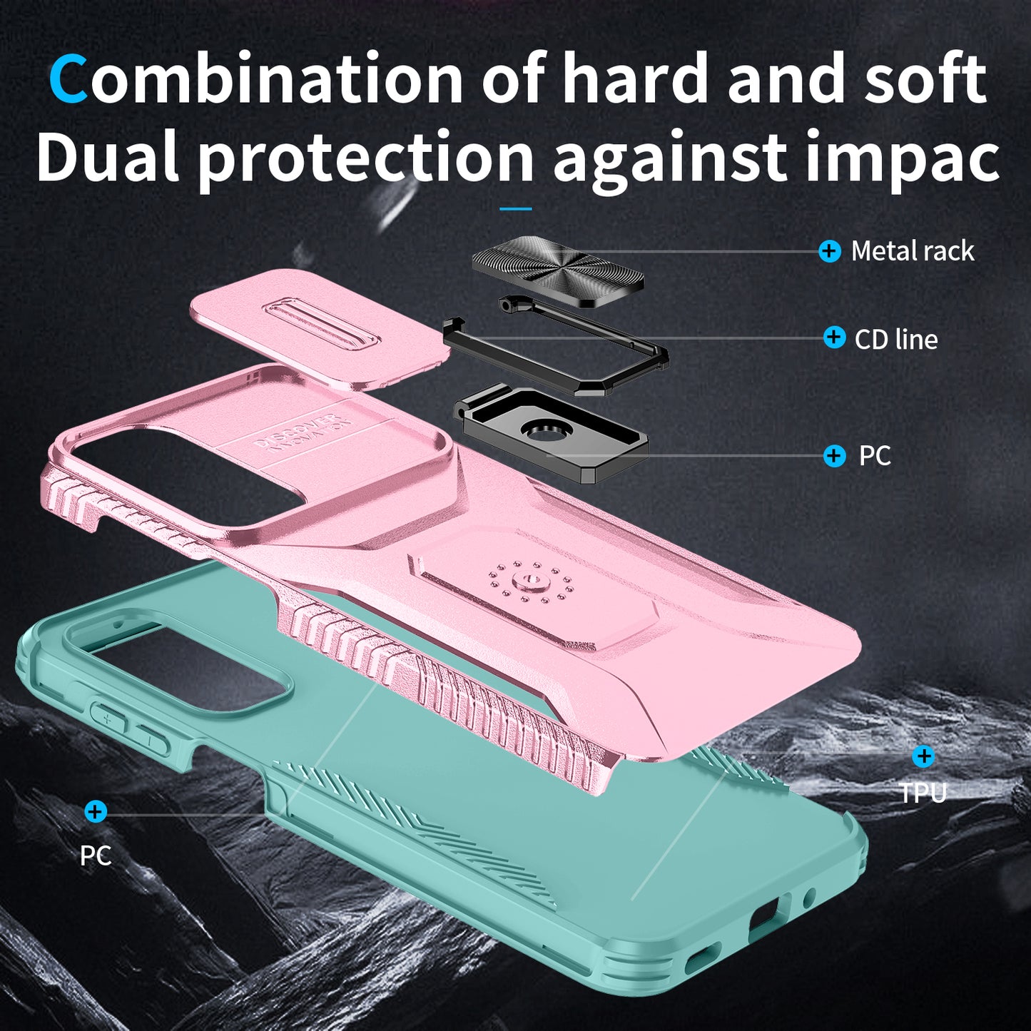 For Samsung Galaxy A16 5G / A16 4G Case Camshield Kickstand TPU+PC Anti-Slip Phone Cover - Pink+Grey Green