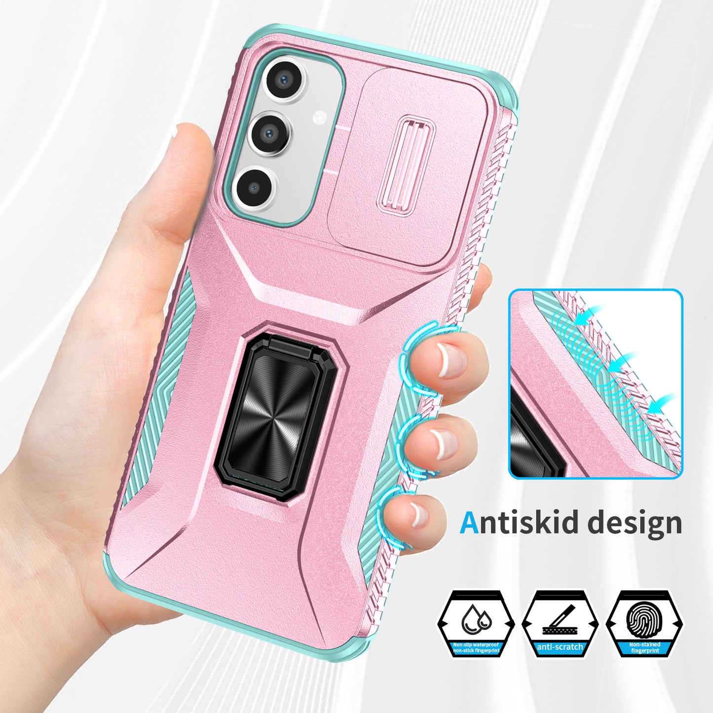 For Samsung Galaxy A16 5G / A16 4G Case Camshield Kickstand TPU+PC Anti-Slip Phone Cover - Pink+Grey Green