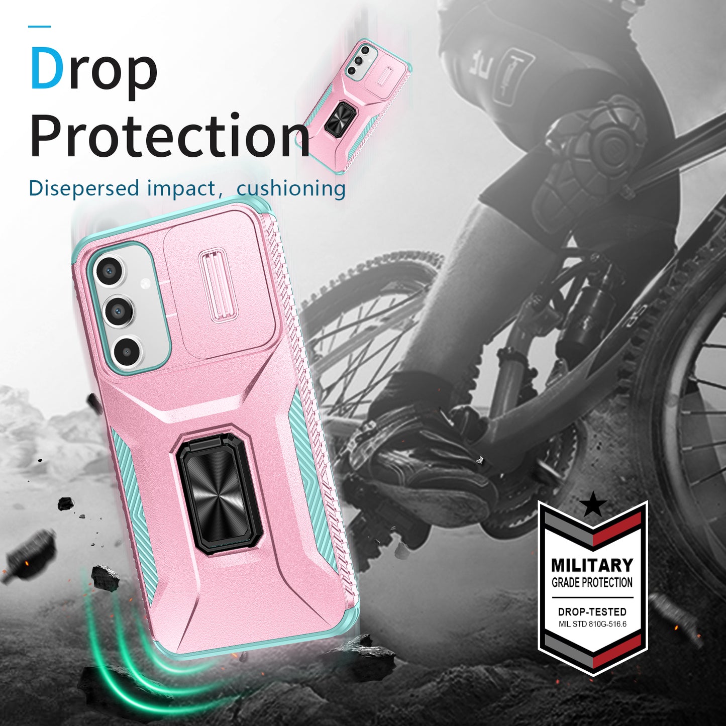 For Samsung Galaxy A16 5G / A16 4G Case Camshield Kickstand TPU+PC Anti-Slip Phone Cover - Pink+Grey Green