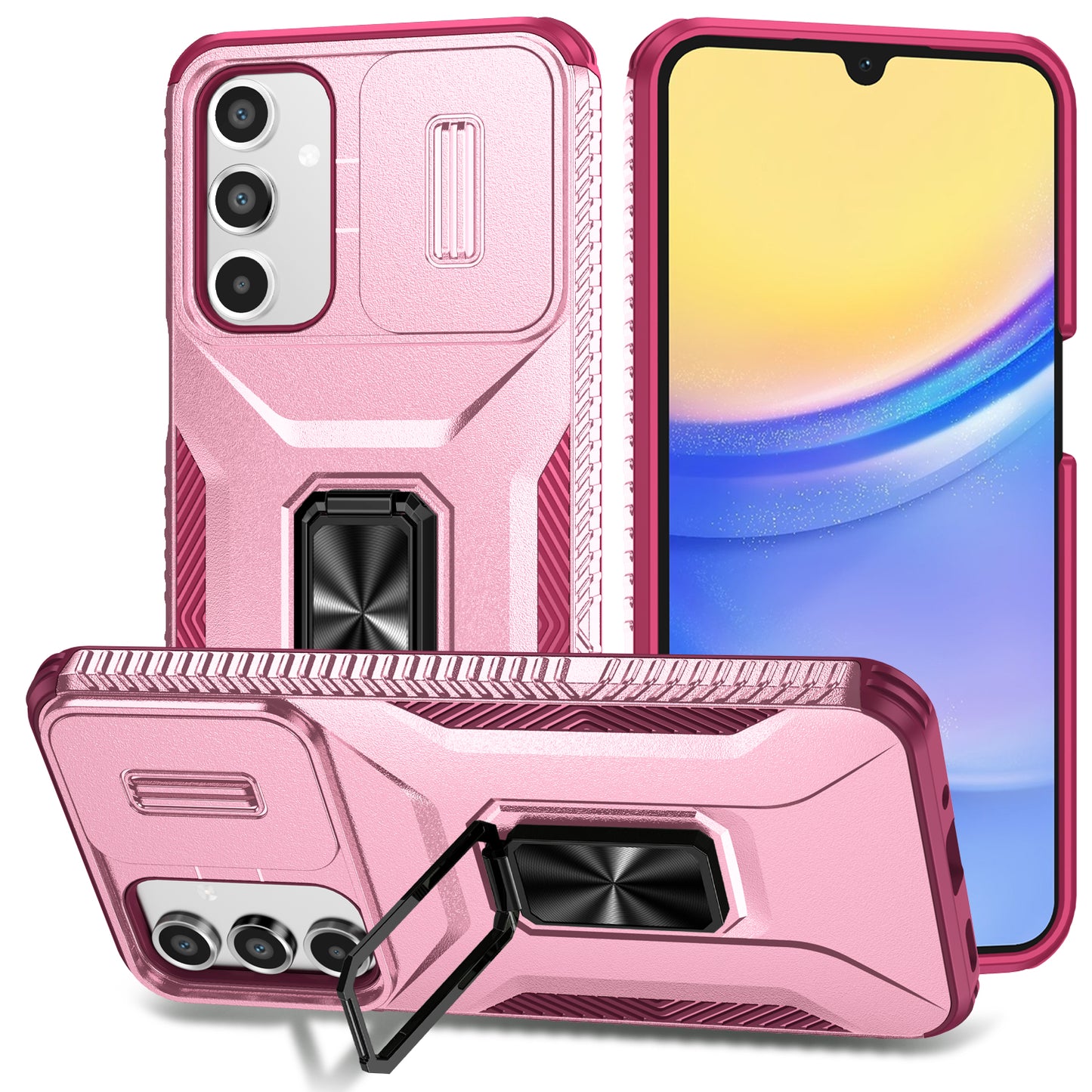 For Samsung Galaxy A16 5G / A16 4G Case Camshield Kickstand TPU+PC Anti-Slip Phone Cover - Pink+Wine Red