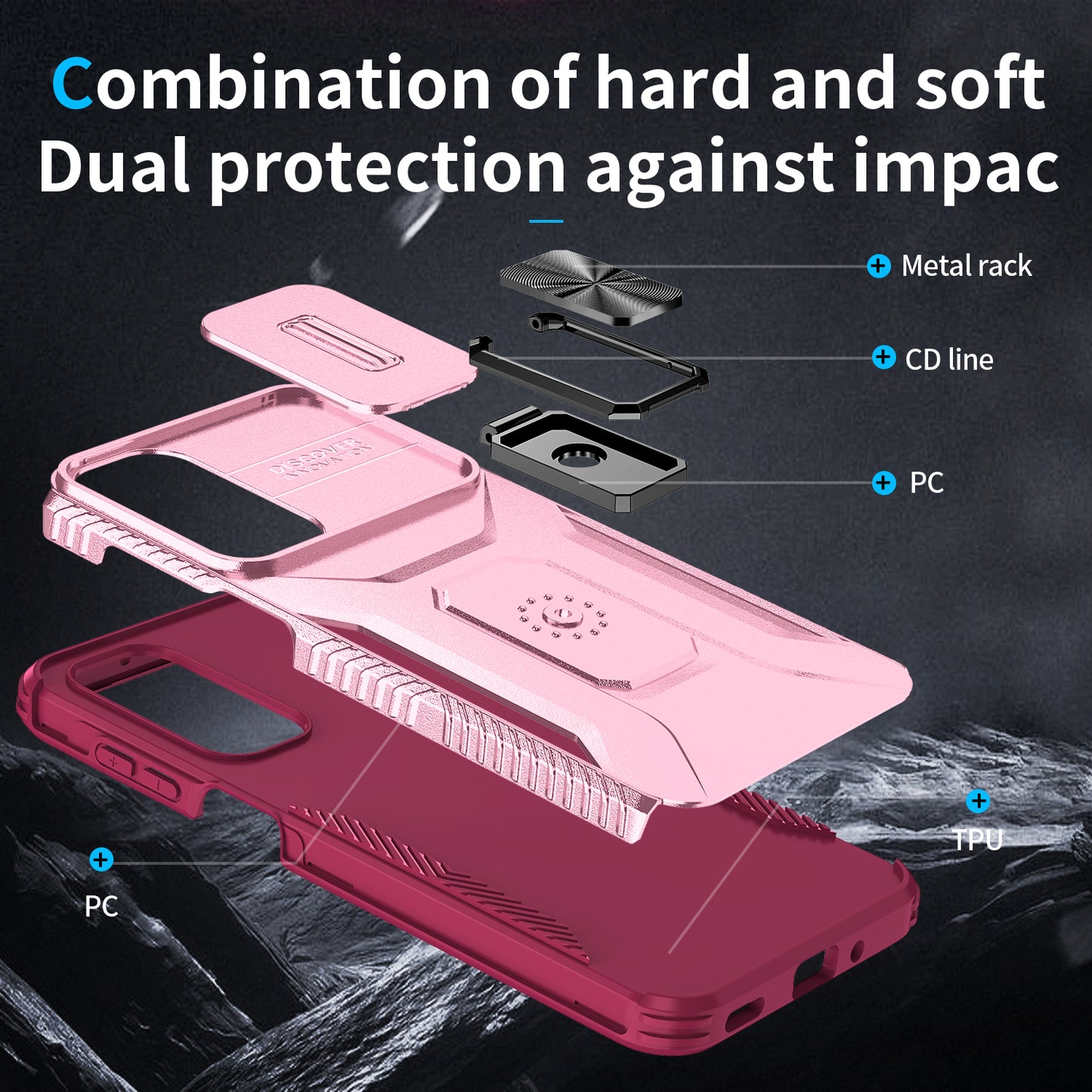 For Samsung Galaxy A16 5G / A16 4G Case Camshield Kickstand TPU+PC Anti-Slip Phone Cover - Pink+Wine Red