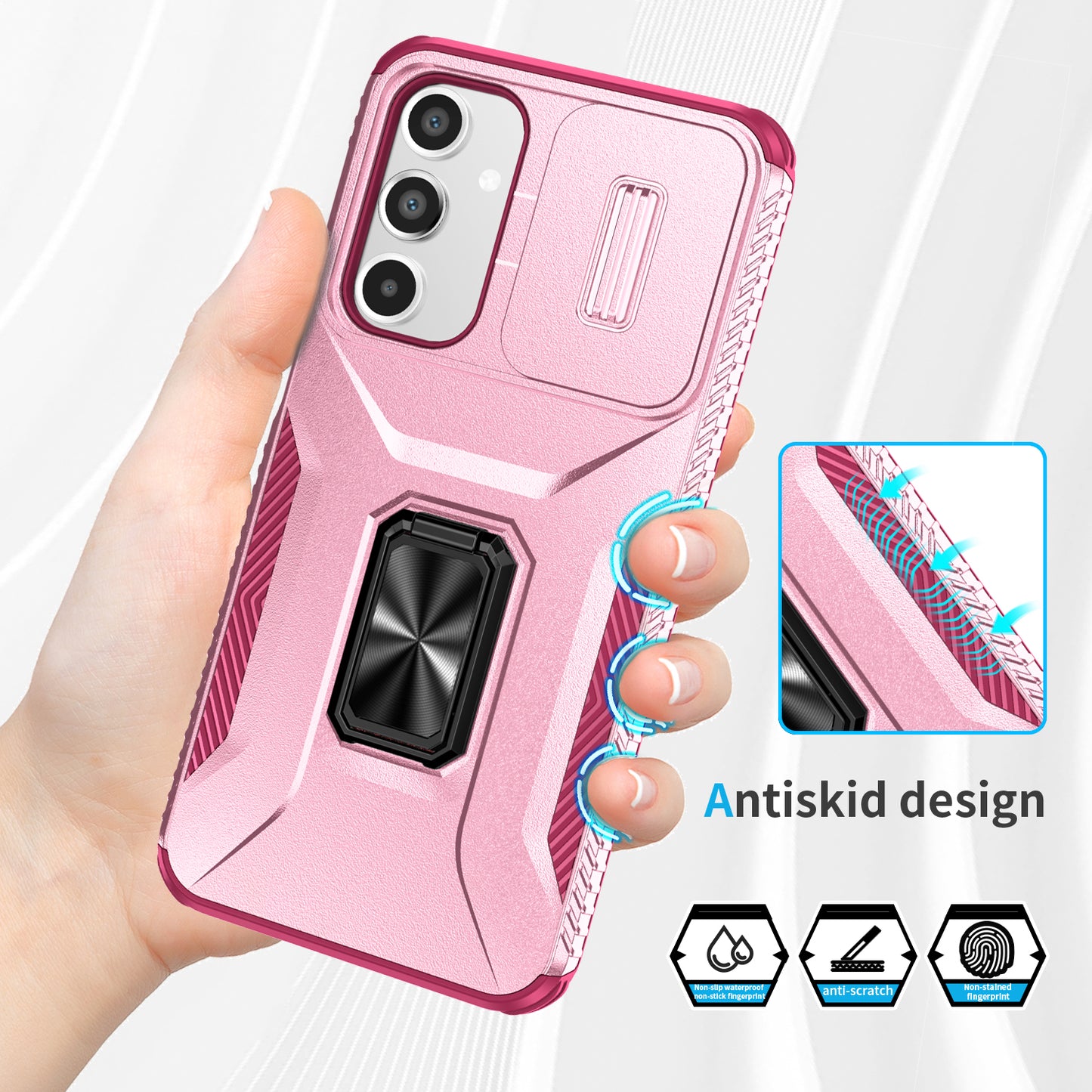 For Samsung Galaxy A16 5G / A16 4G Case Camshield Kickstand TPU+PC Anti-Slip Phone Cover - Pink+Wine Red