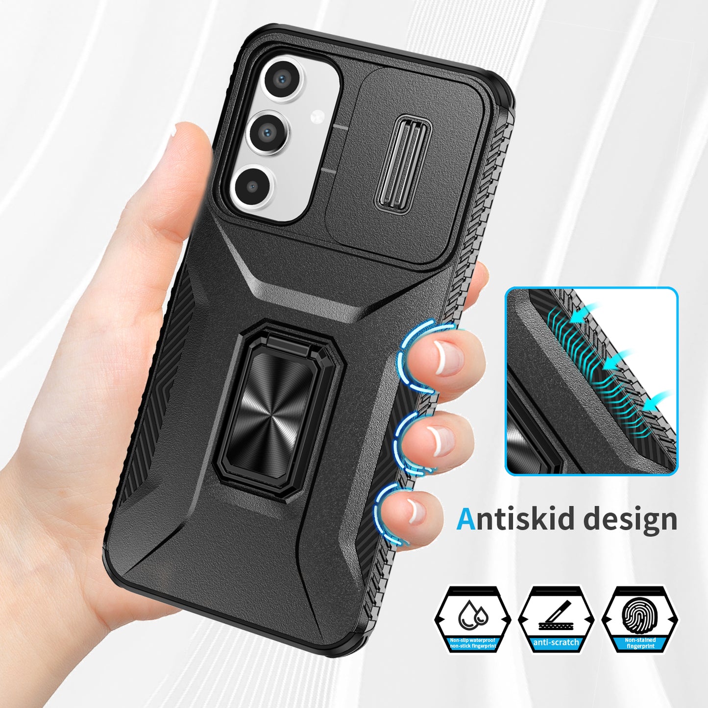For Samsung Galaxy A16 5G / A16 4G Case Camshield Kickstand TPU+PC Anti-Slip Phone Cover - Black