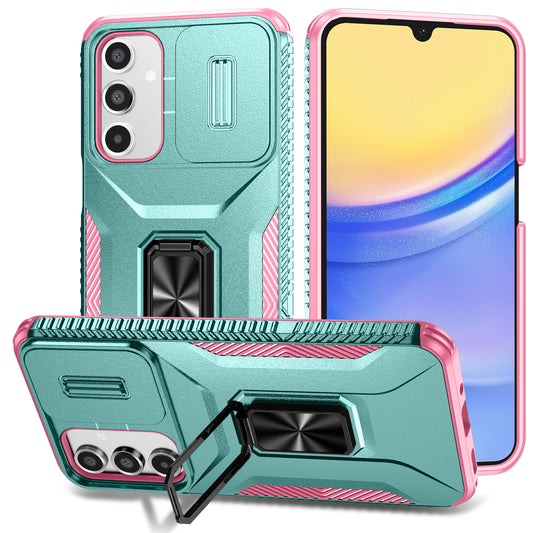For Samsung Galaxy A16 5G / A16 4G Case Camshield Kickstand TPU+PC Anti-Slip Phone Cover - Grey Green+Pink