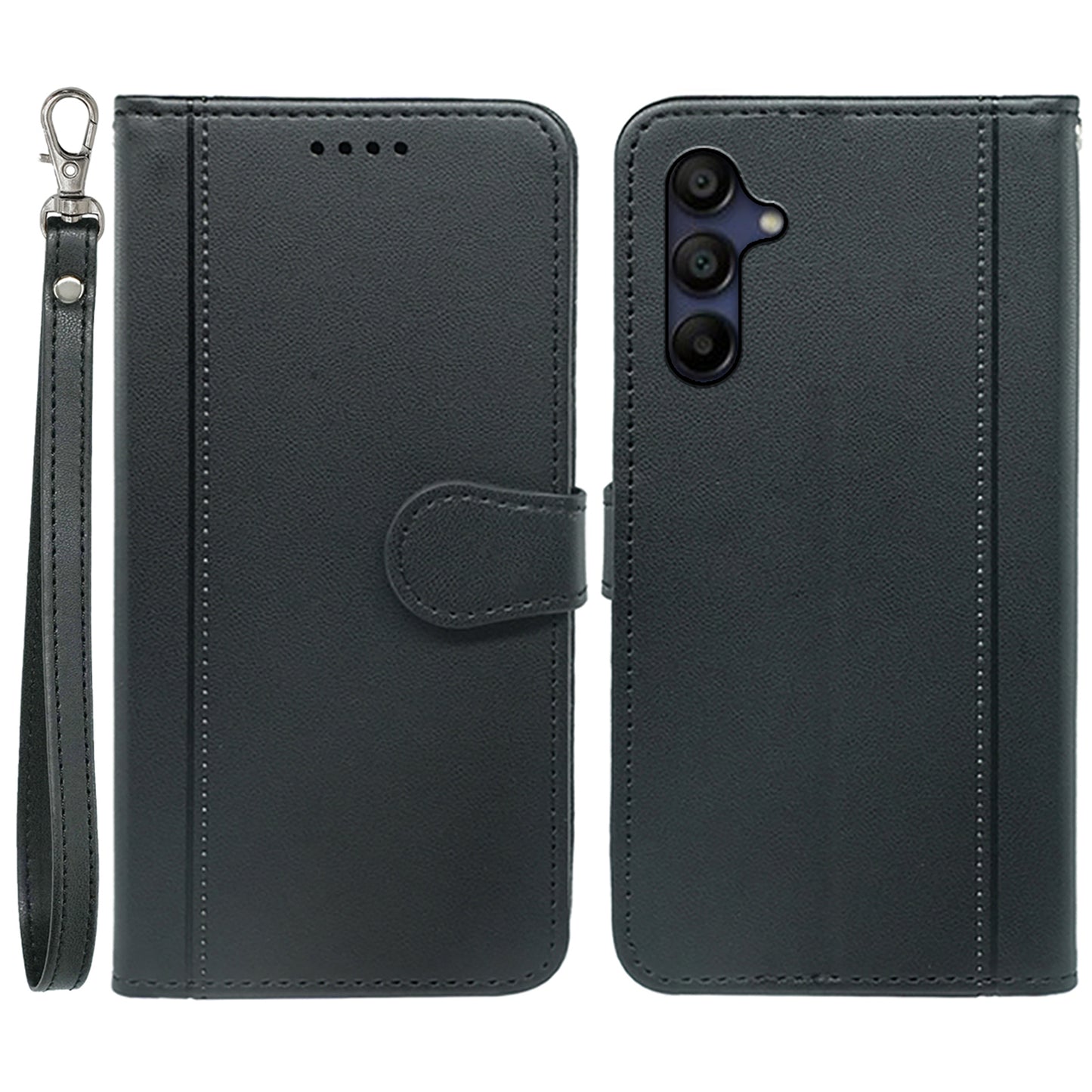 For Samsung Galaxy A16 5G / A16 4G Wallet Case Magnetic Snap Leather Phone Cover with Strap - Black