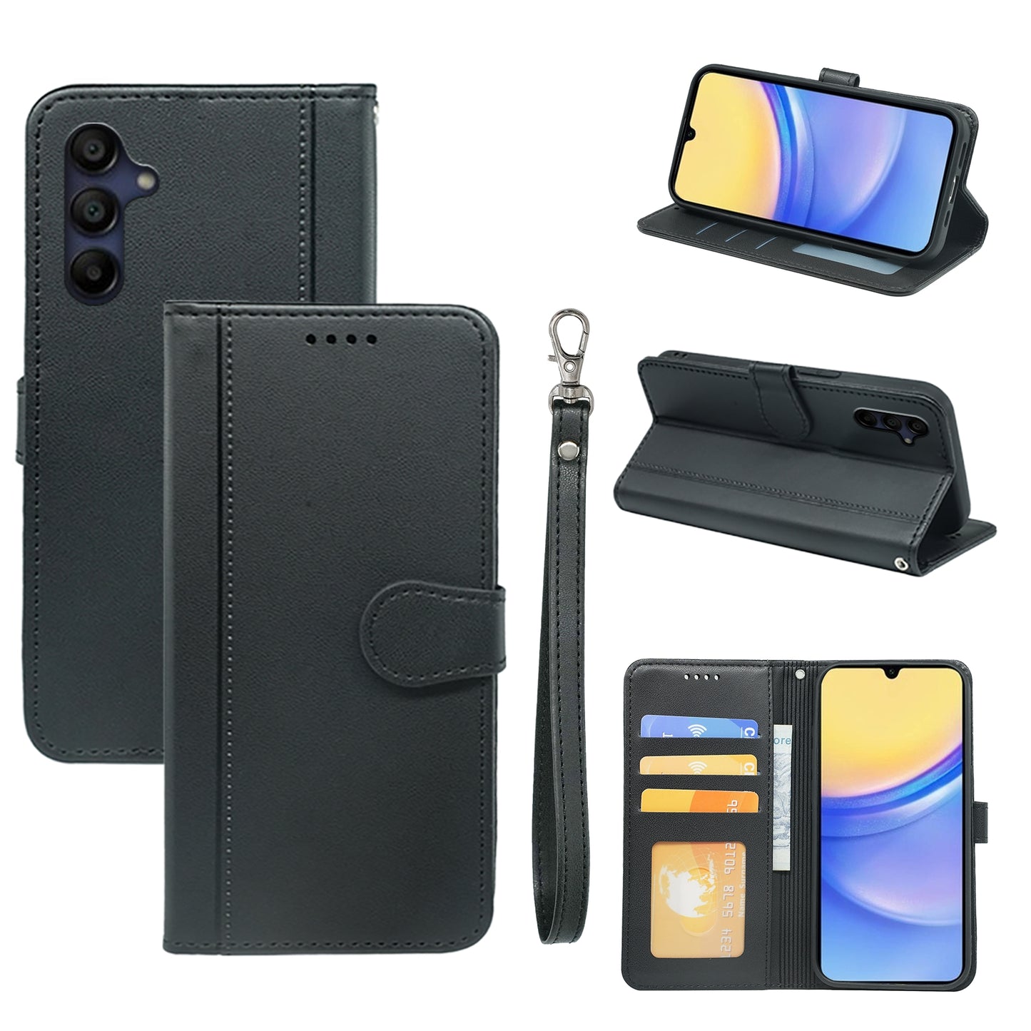 For Samsung Galaxy A16 5G / A16 4G Wallet Case Magnetic Snap Leather Phone Cover with Strap - Black