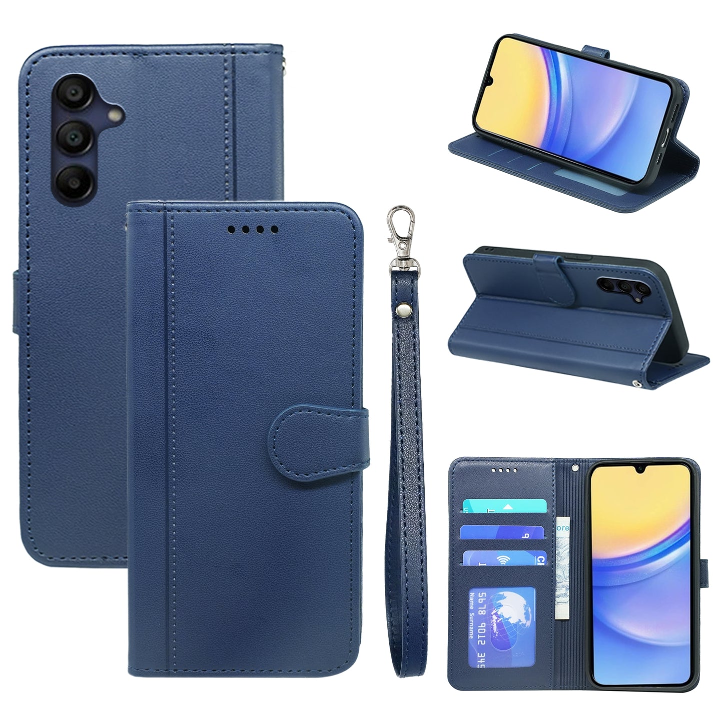 For Samsung Galaxy A16 5G / A16 4G Wallet Case Magnetic Snap Leather Phone Cover with Strap - Blue