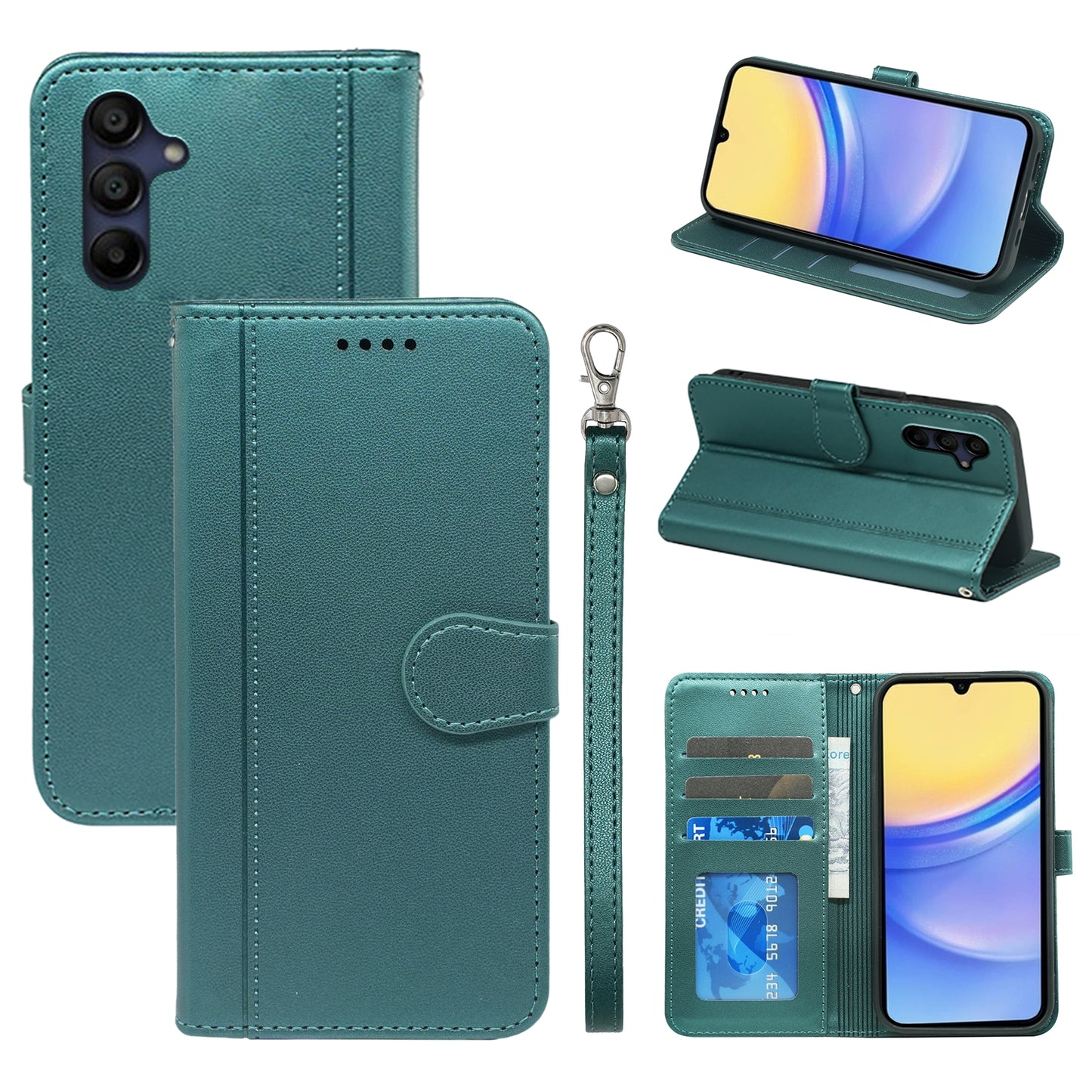 For Samsung Galaxy A16 5G / A16 4G Wallet Case Magnetic Snap Leather Phone Cover with Strap - Green