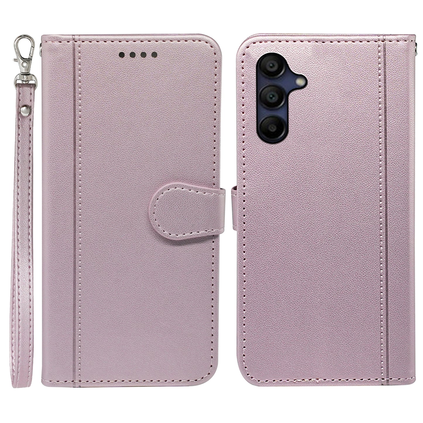 For Samsung Galaxy A16 5G / A16 4G Wallet Case Magnetic Snap Leather Phone Cover with Strap - Rose Gold