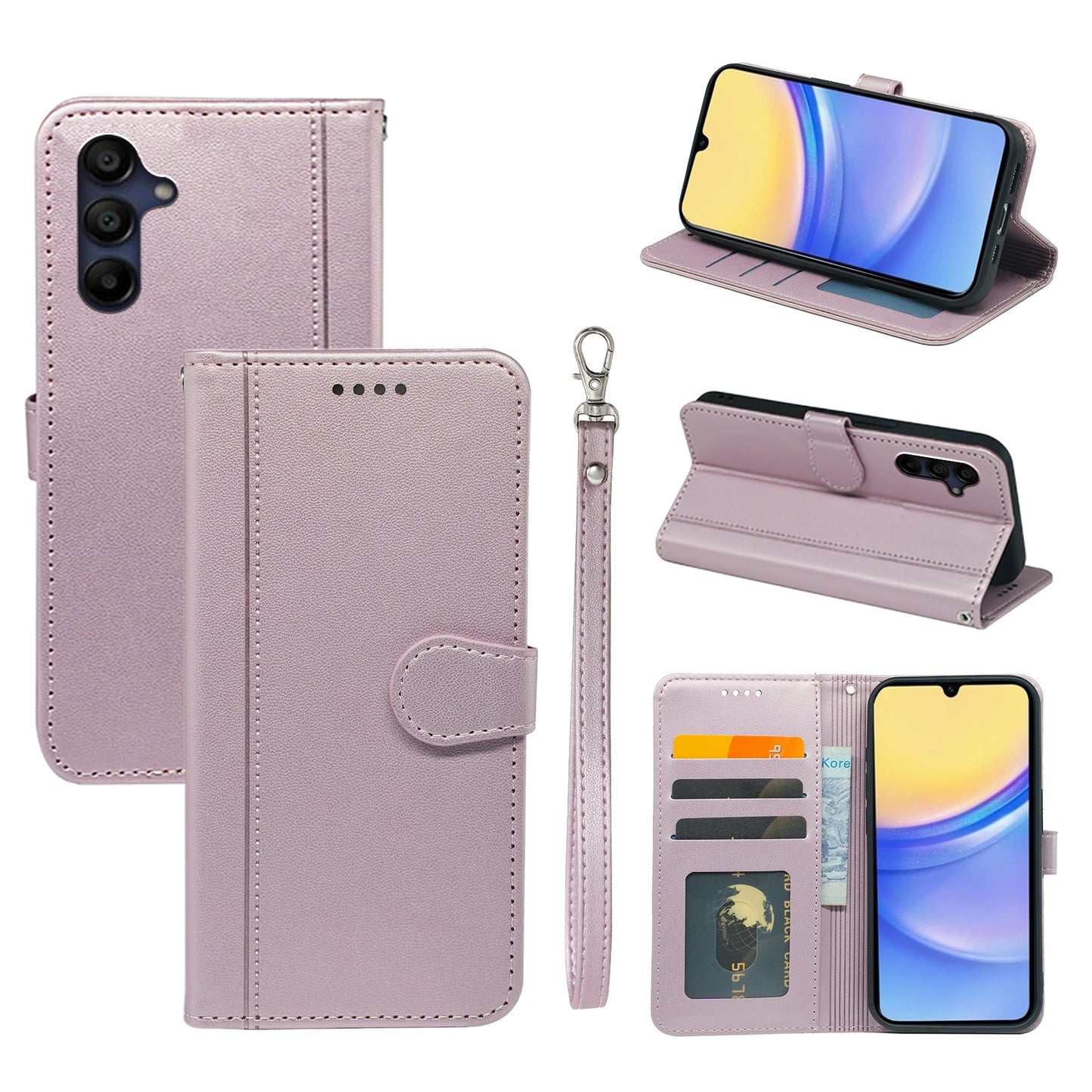 For Samsung Galaxy A16 5G / A16 4G Wallet Case Magnetic Snap Leather Phone Cover with Strap - Rose Gold