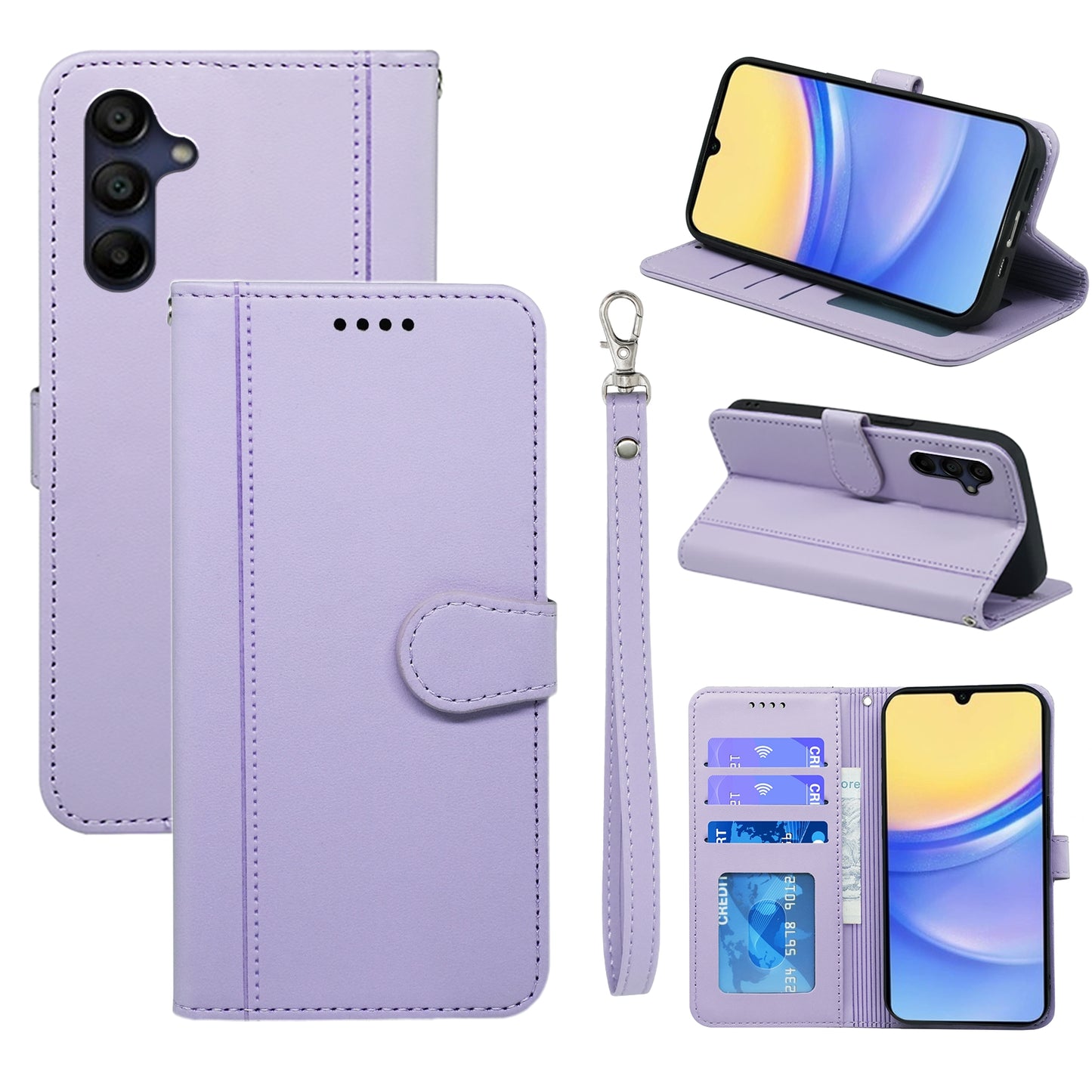 For Samsung Galaxy A16 5G / A16 4G Wallet Case Magnetic Snap Leather Phone Cover with Strap - Purple