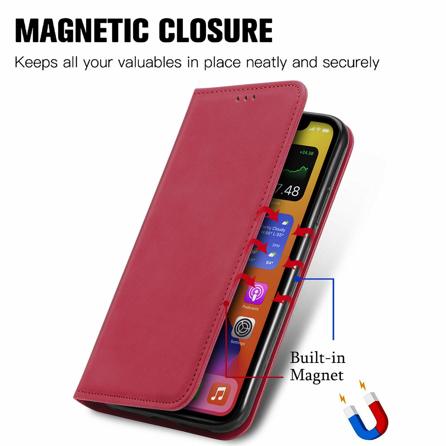 For Samsung Galaxy A16 5G / A16 4G Case Skin Touch Feeling Leather Card Holder Phone Cover Magnetic Absorption - Red