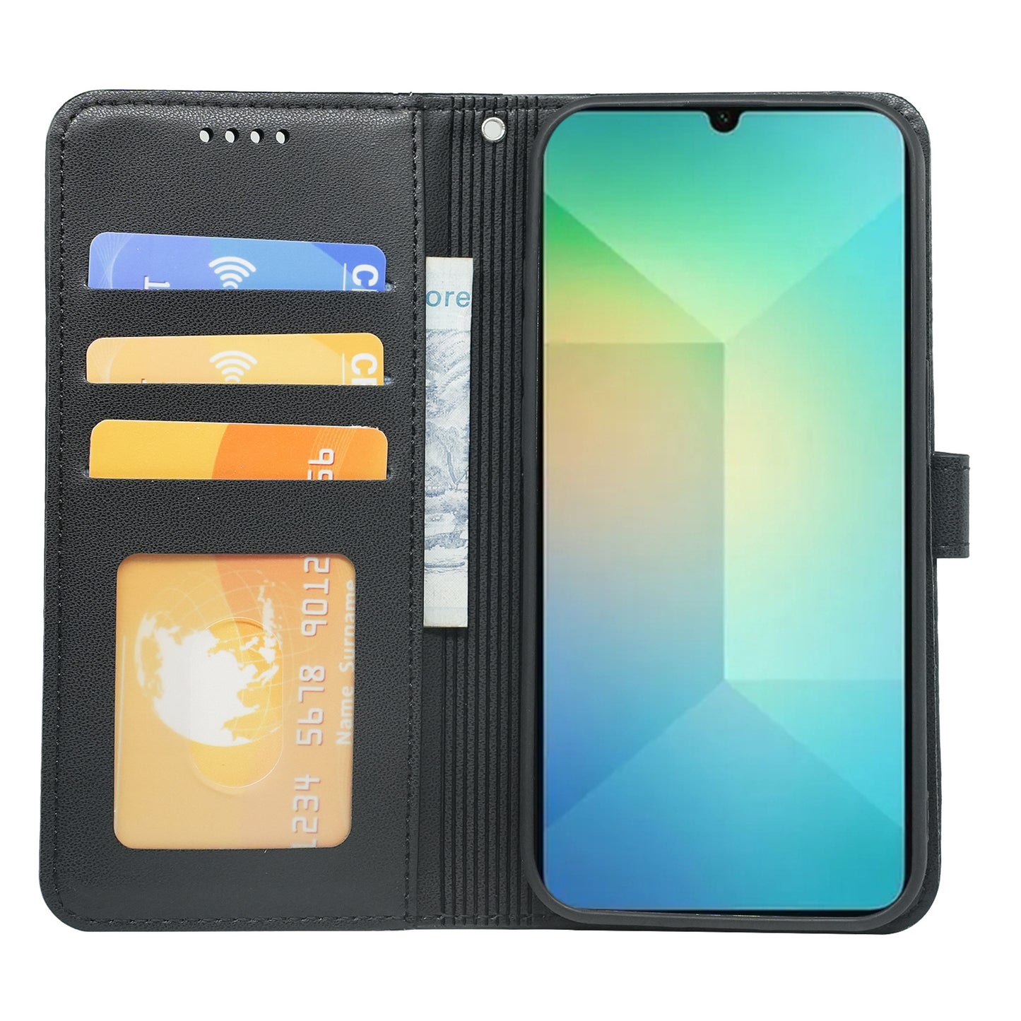 For Samsung Galaxy A06 Wallet Case Magnetic Snap Leather Phone Cover with Strap - Black