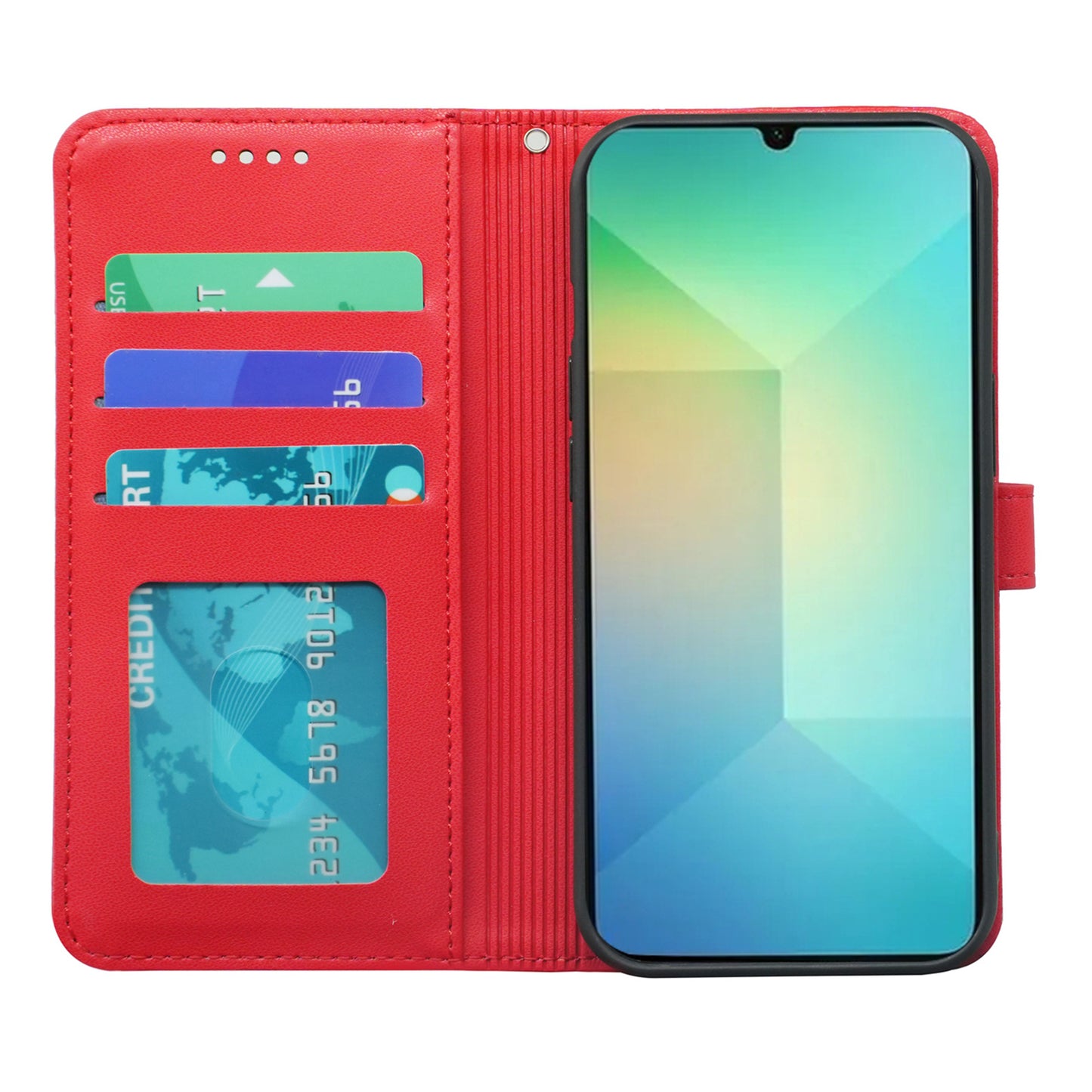 For Samsung Galaxy A06 Wallet Case Magnetic Snap Leather Phone Cover with Strap - Red