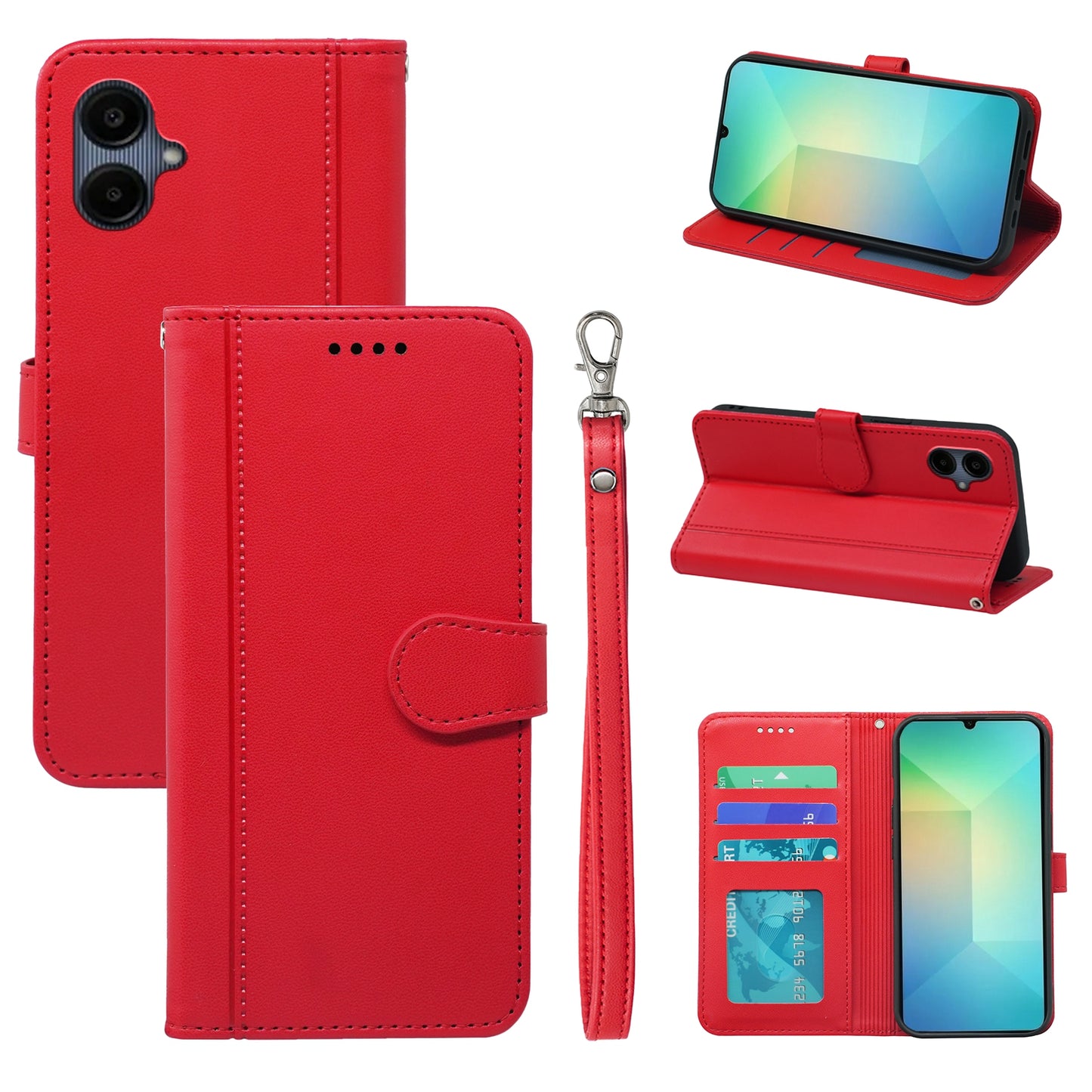 For Samsung Galaxy A06 Wallet Case Magnetic Snap Leather Phone Cover with Strap - Red