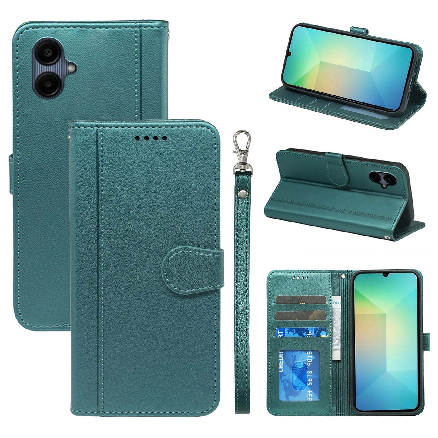 For Samsung Galaxy A06 Wallet Case Magnetic Snap Leather Phone Cover with Strap - Green