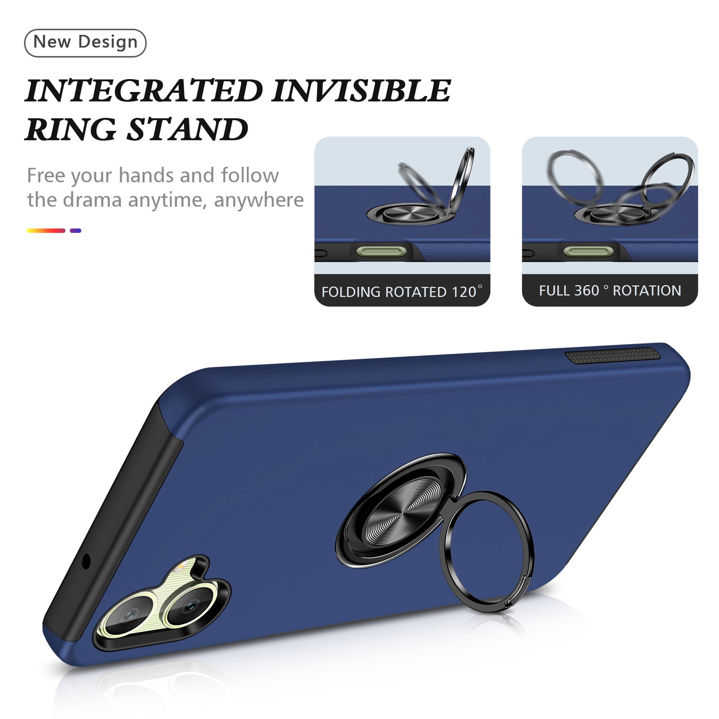 For Samsung Galaxy A06 Case PC+TPU Phone Cover with Rotatable Ring Holder - Blue