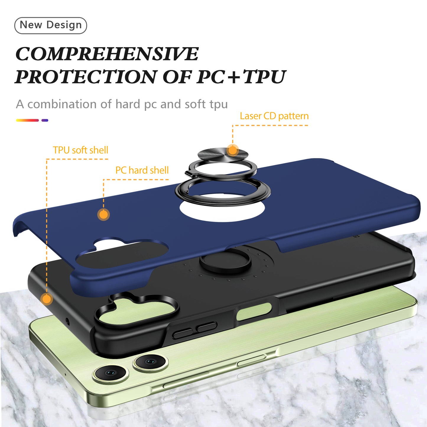 For Samsung Galaxy A06 Case PC+TPU Phone Cover with Rotatable Ring Holder - Blue