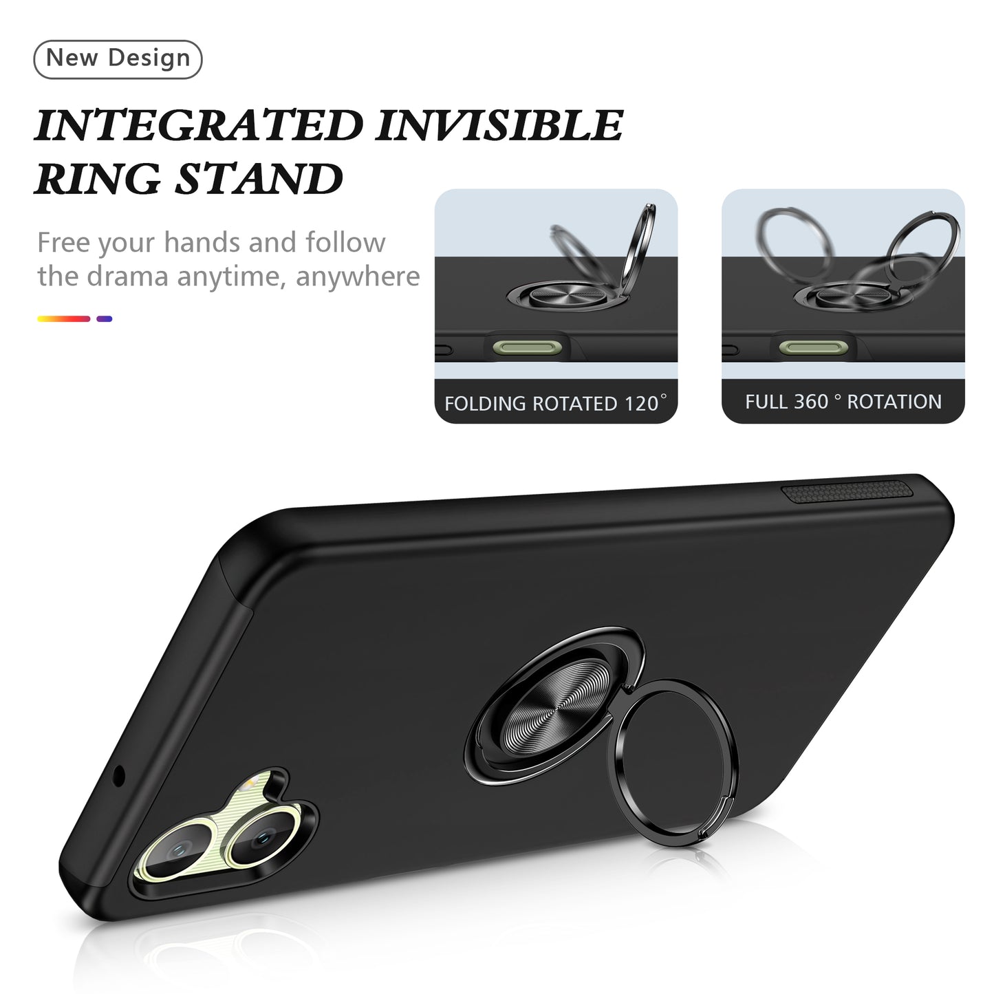 For Samsung Galaxy A06 Case PC+TPU Phone Cover with Rotatable Ring Holder - Black