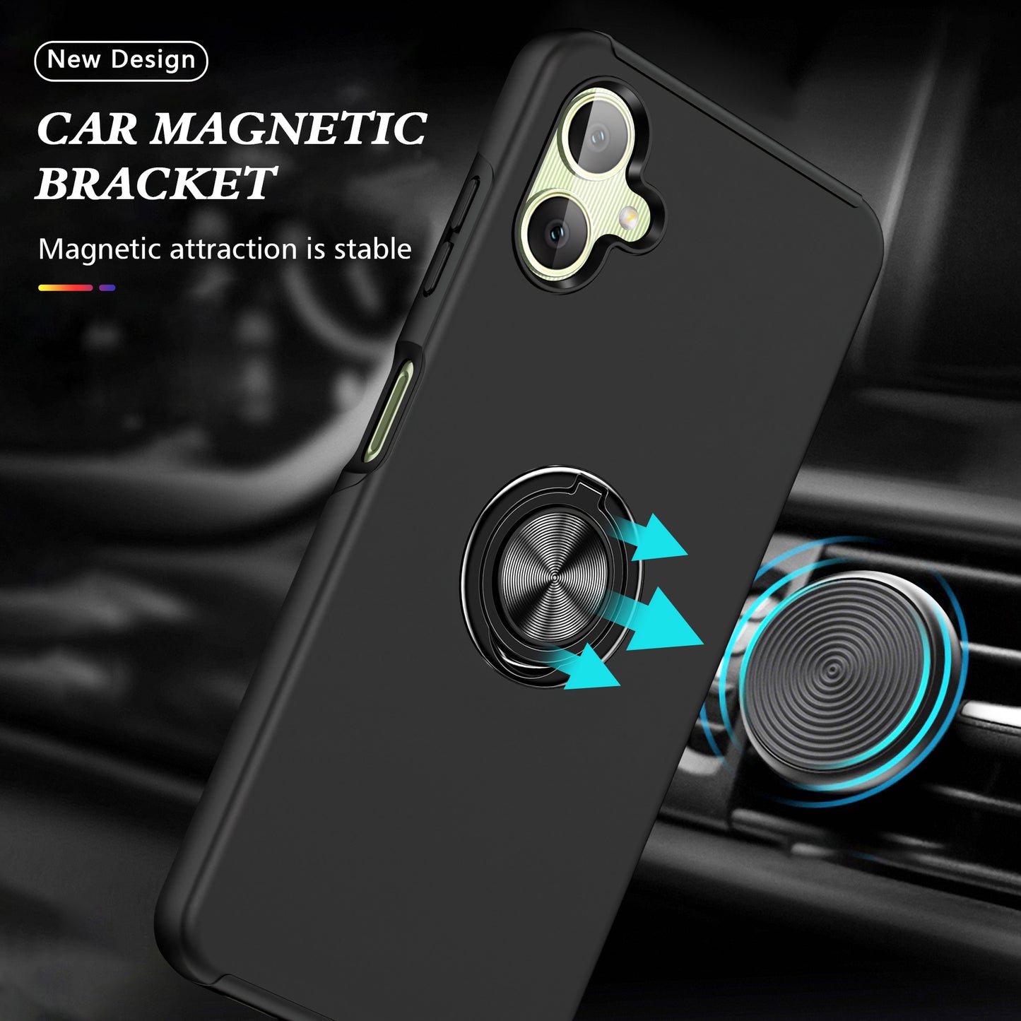 For Samsung Galaxy A06 Case PC+TPU Phone Cover with Rotatable Ring Holder - Black