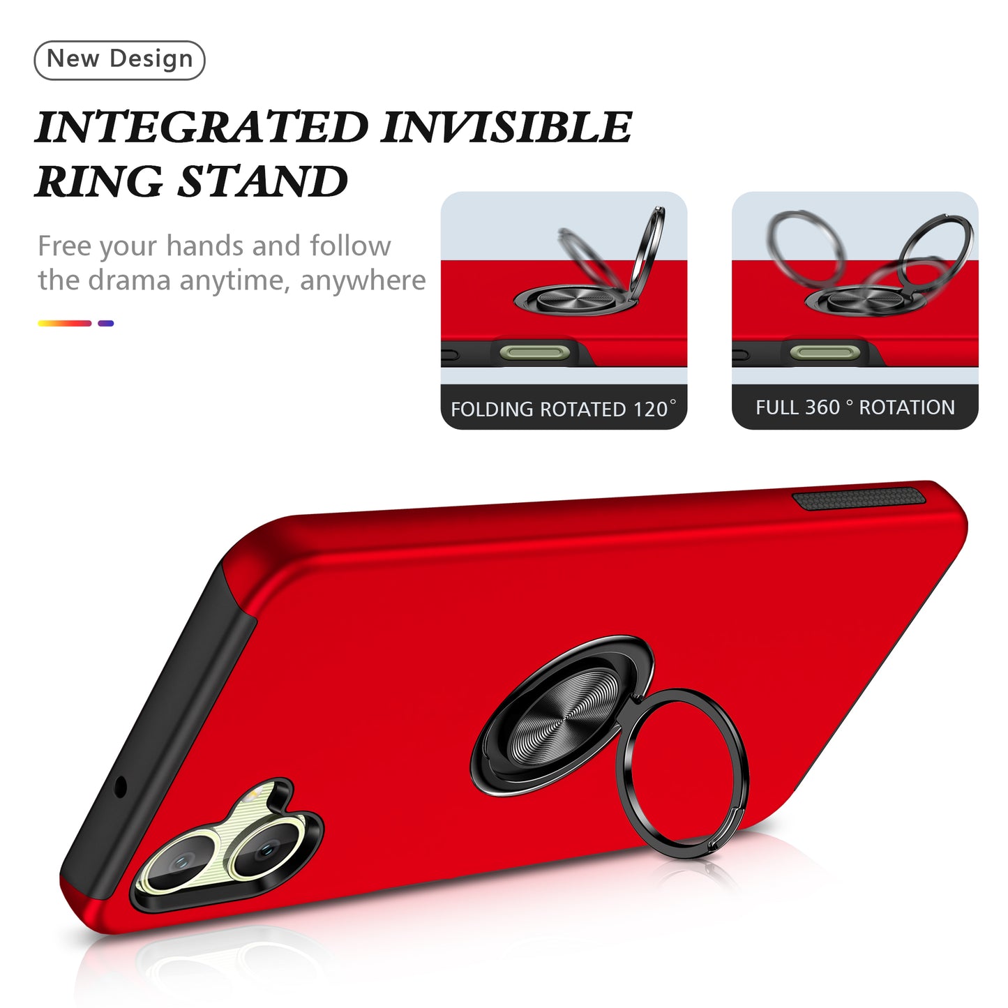 For Samsung Galaxy A06 Case PC+TPU Phone Cover with Rotatable Ring Holder - Red