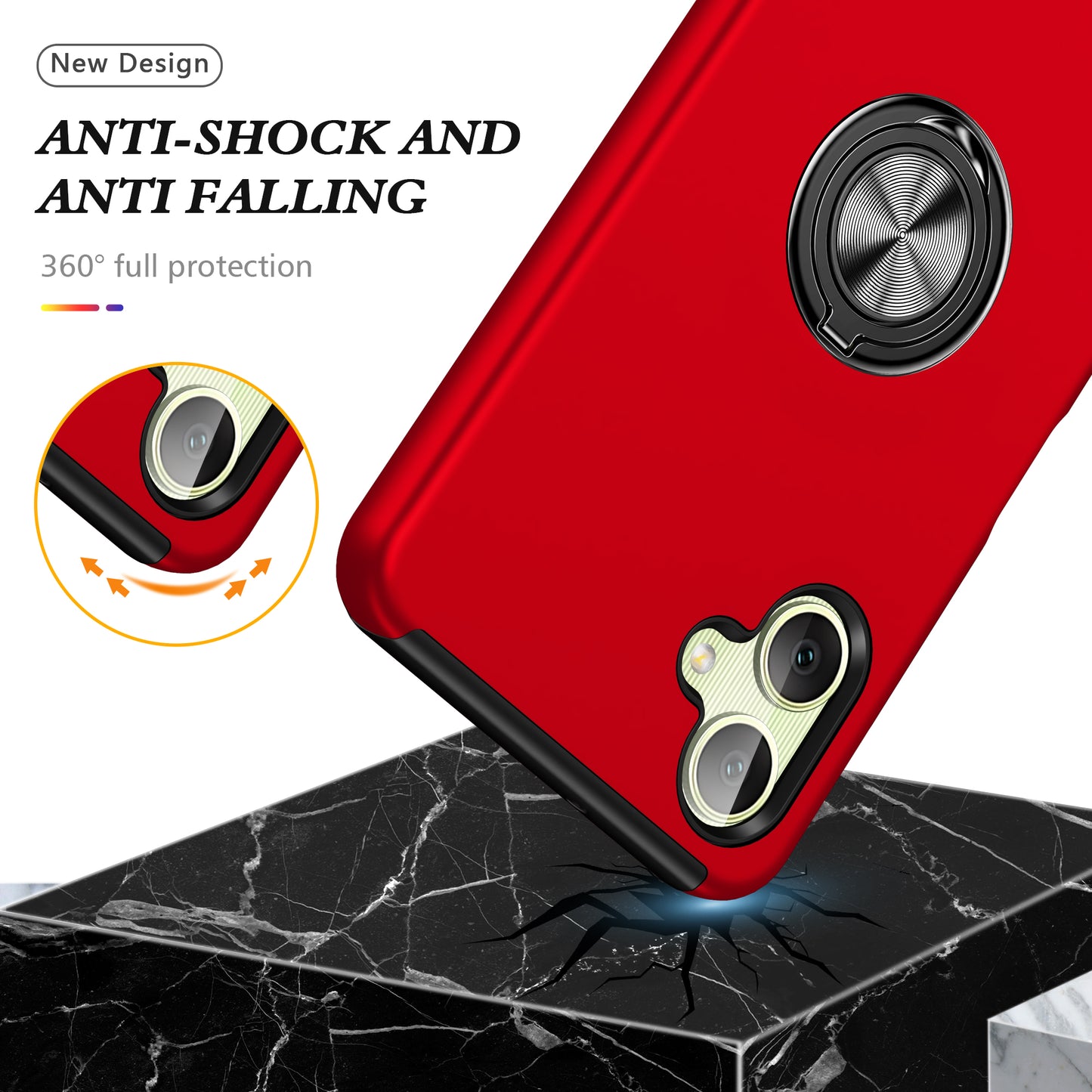 For Samsung Galaxy A06 Case PC+TPU Phone Cover with Rotatable Ring Holder - Red