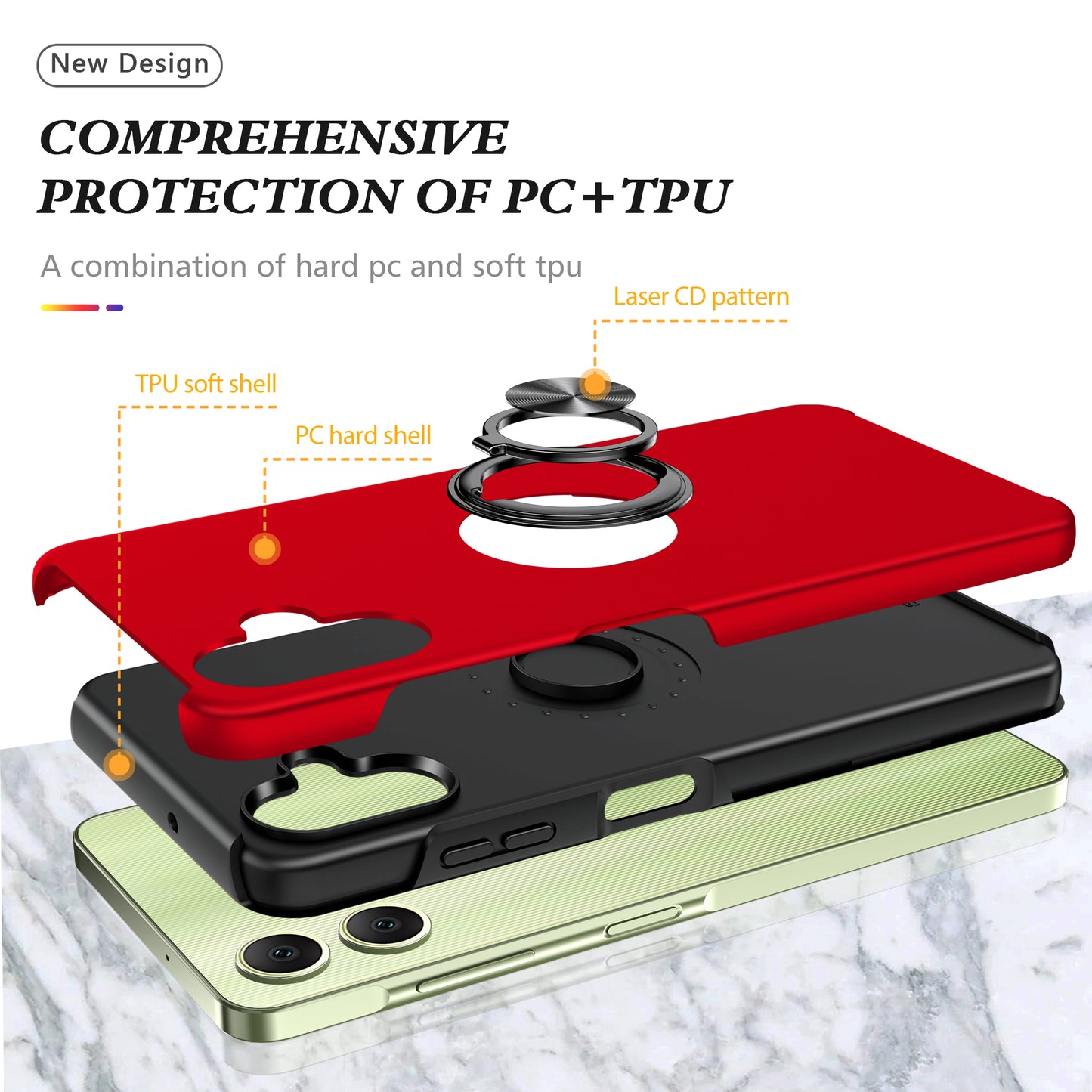 For Samsung Galaxy A06 Case PC+TPU Phone Cover with Rotatable Ring Holder - Red