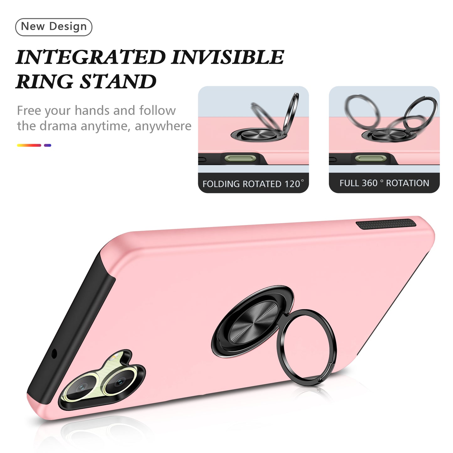 For Samsung Galaxy A06 Case PC+TPU Phone Cover with Rotatable Ring Holder - Rose Gold
