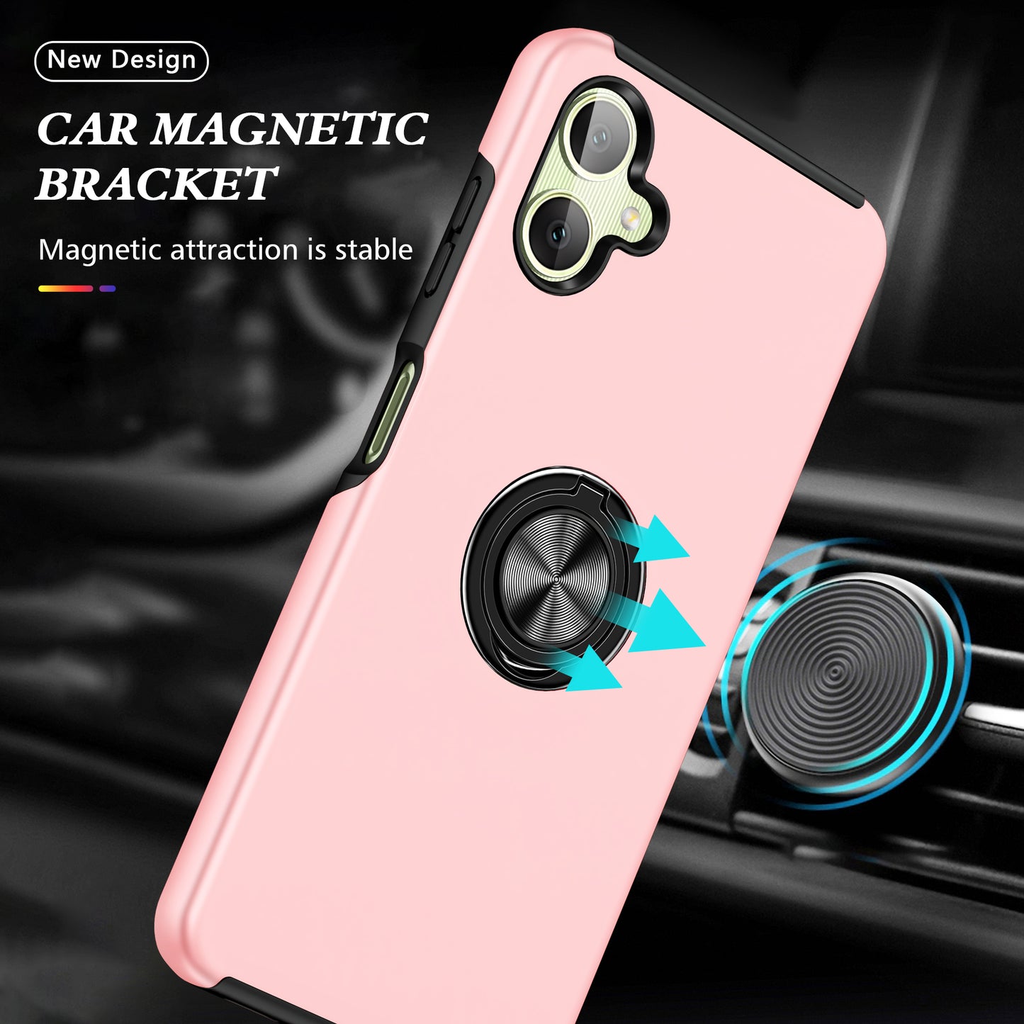 For Samsung Galaxy A06 Case PC+TPU Phone Cover with Rotatable Ring Holder - Rose Gold