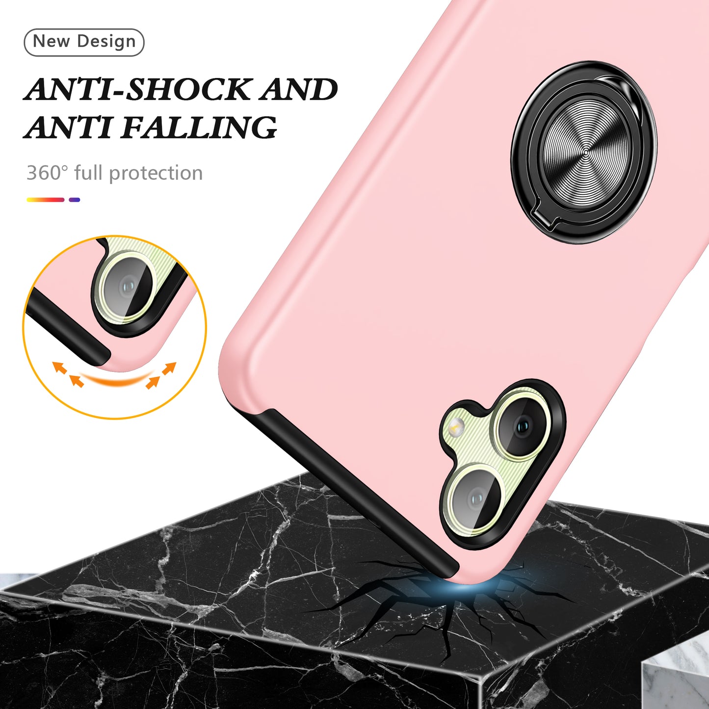 For Samsung Galaxy A06 Case PC+TPU Phone Cover with Rotatable Ring Holder - Rose Gold