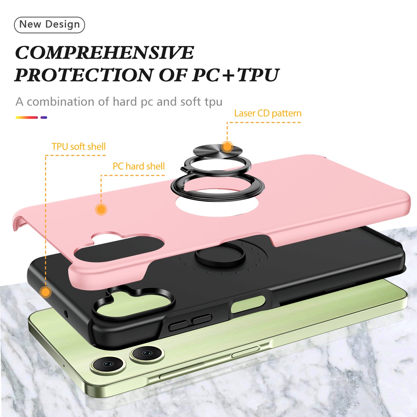 For Samsung Galaxy A06 Case PC+TPU Phone Cover with Rotatable Ring Holder - Rose Gold