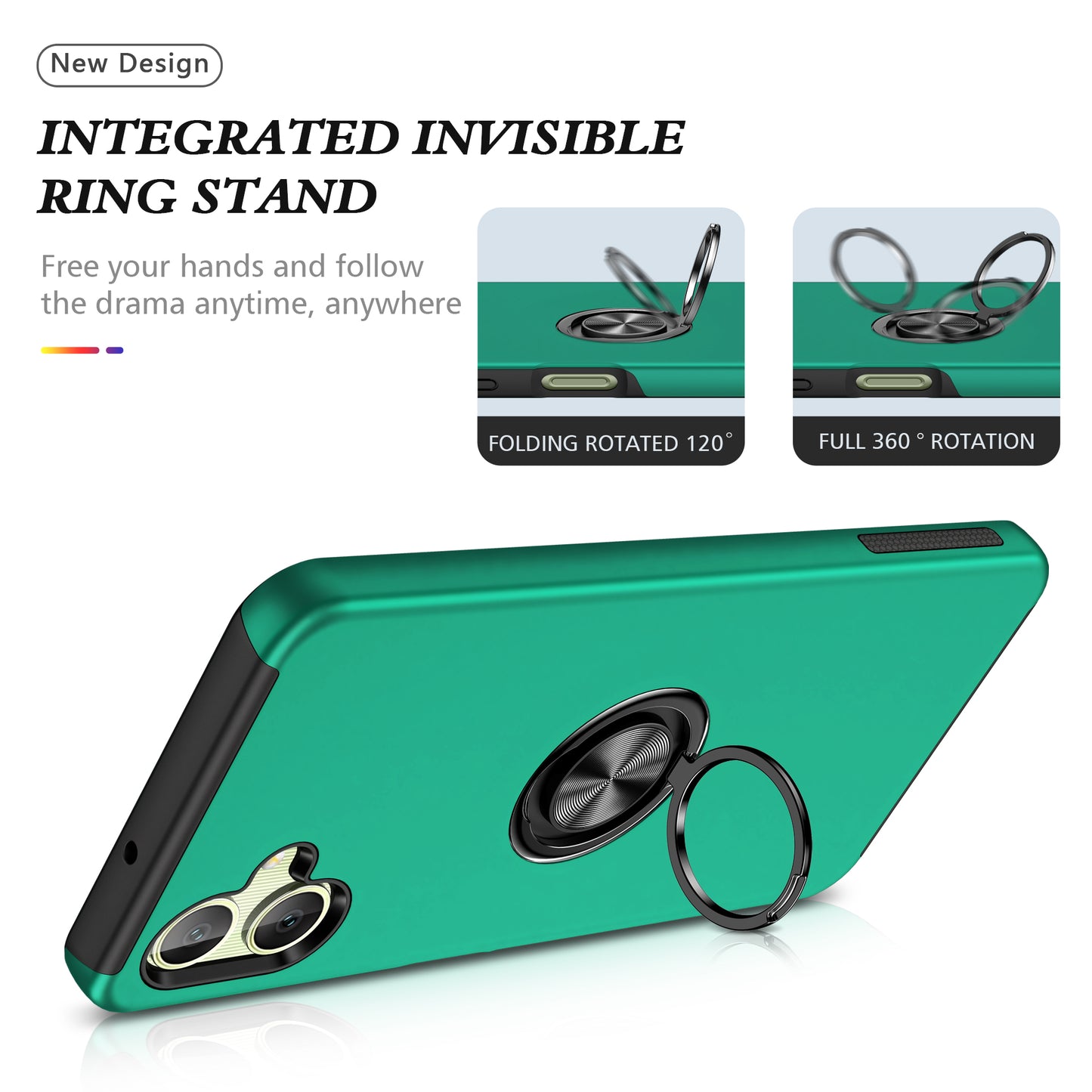 For Samsung Galaxy A06 Case PC+TPU Phone Cover with Rotatable Ring Holder - Blackish Green