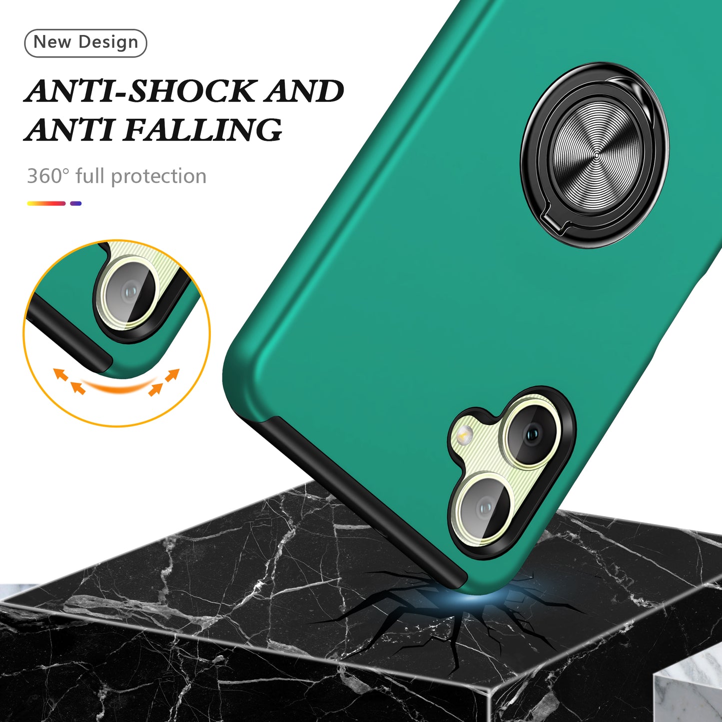 For Samsung Galaxy A06 Case PC+TPU Phone Cover with Rotatable Ring Holder - Blackish Green