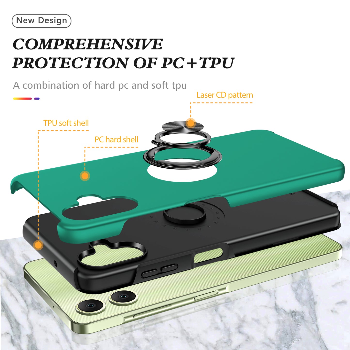 For Samsung Galaxy A06 Case PC+TPU Phone Cover with Rotatable Ring Holder - Blackish Green