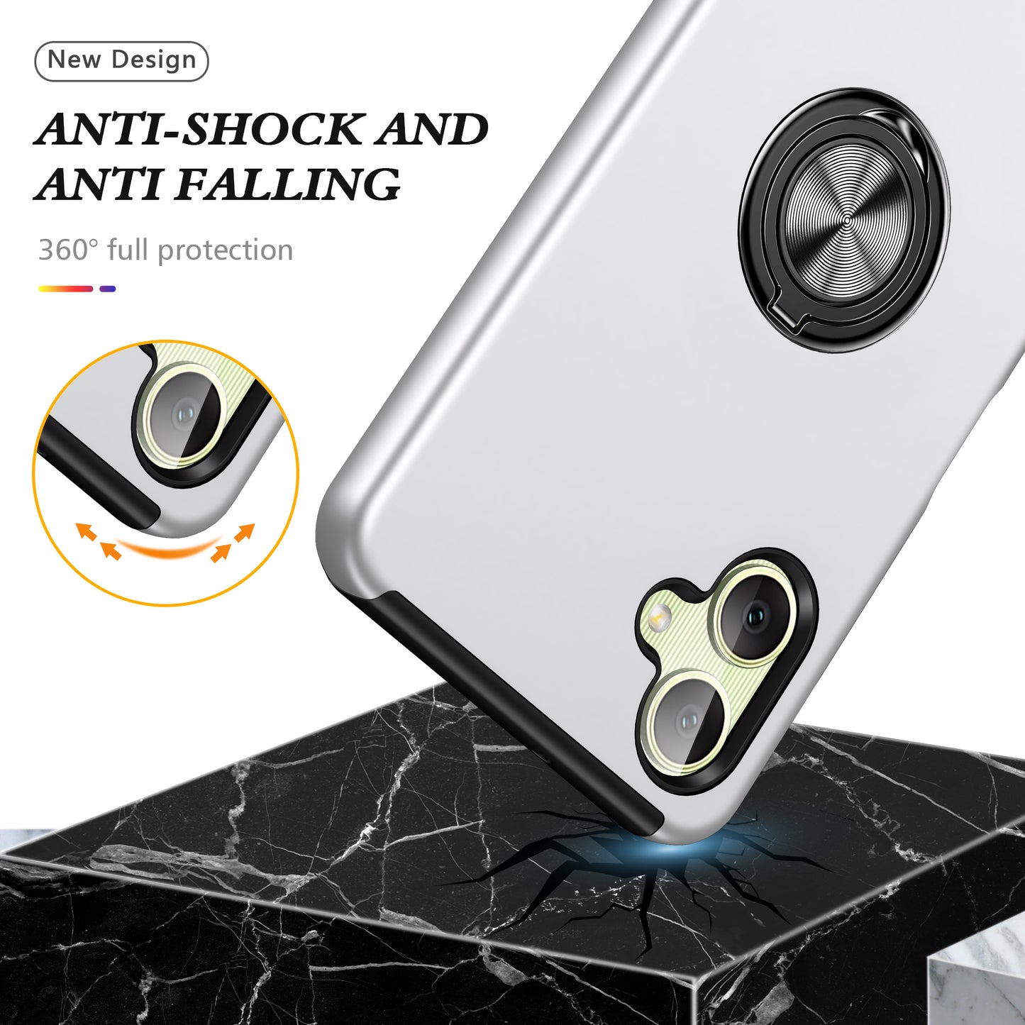 For Samsung Galaxy A06 Case PC+TPU Phone Cover with Rotatable Ring Holder - Silver