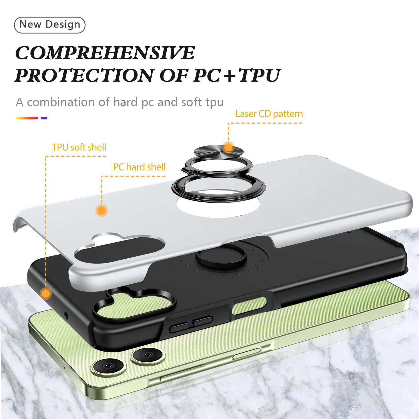 For Samsung Galaxy A06 Case PC+TPU Phone Cover with Rotatable Ring Holder - Silver