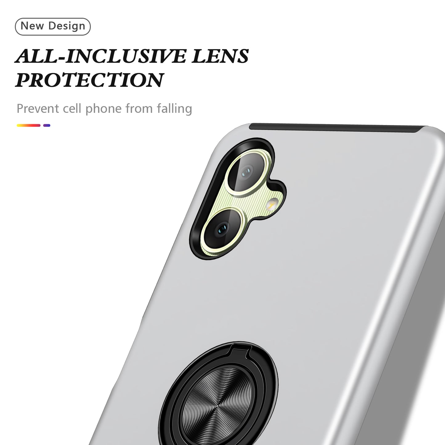 For Samsung Galaxy A06 Case PC+TPU Phone Cover with Rotatable Ring Holder - Silver