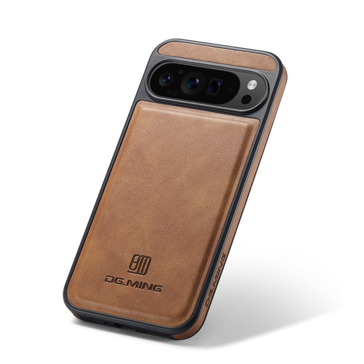 DG.MING For Google Pixel 9 Pro XL Case Anti-Drop Leather Coated PC+TPU Phone Back Cover - Brown