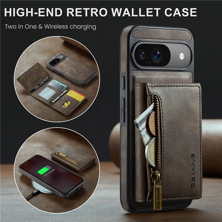 DG.MING M5 Series For Google Pixel 9 Pro  /  Pixel 9 Case Detachable Magnetic Leather Phone Cover with Card Slots - Coffee