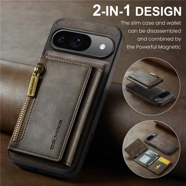 DG.MING M5 Series For Google Pixel 9 Pro  /  Pixel 9 Case Detachable Magnetic Leather Phone Cover with Card Slots - Coffee
