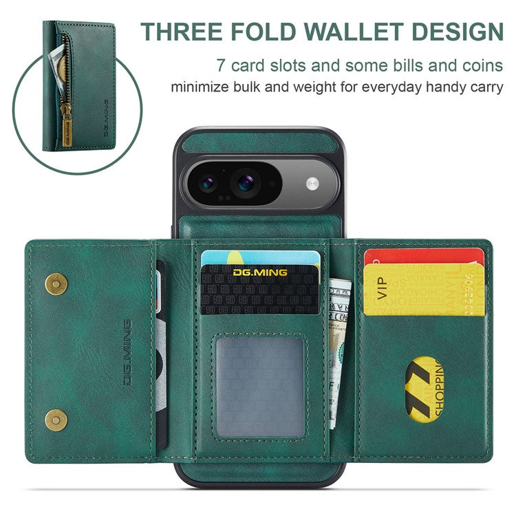 DG.MING M5 Series For Google Pixel 9 Pro  /  Pixel 9 Case Detachable Magnetic Leather Phone Cover with Card Slots - Green