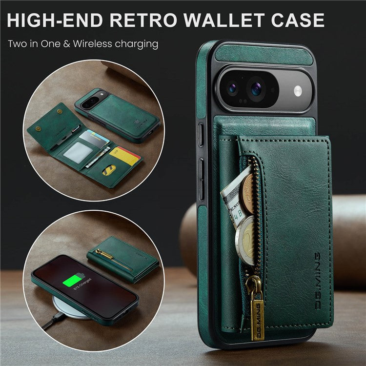 DG.MING M5 Series For Google Pixel 9 Pro  /  Pixel 9 Case Detachable Magnetic Leather Phone Cover with Card Slots - Green