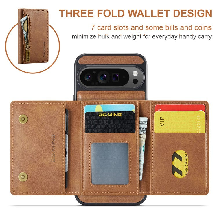 DG.MING M5 Series For Google Pixel 9 Pro XL Case Detachable Magnetic Leather Phone Cover with Card Slots - Brown