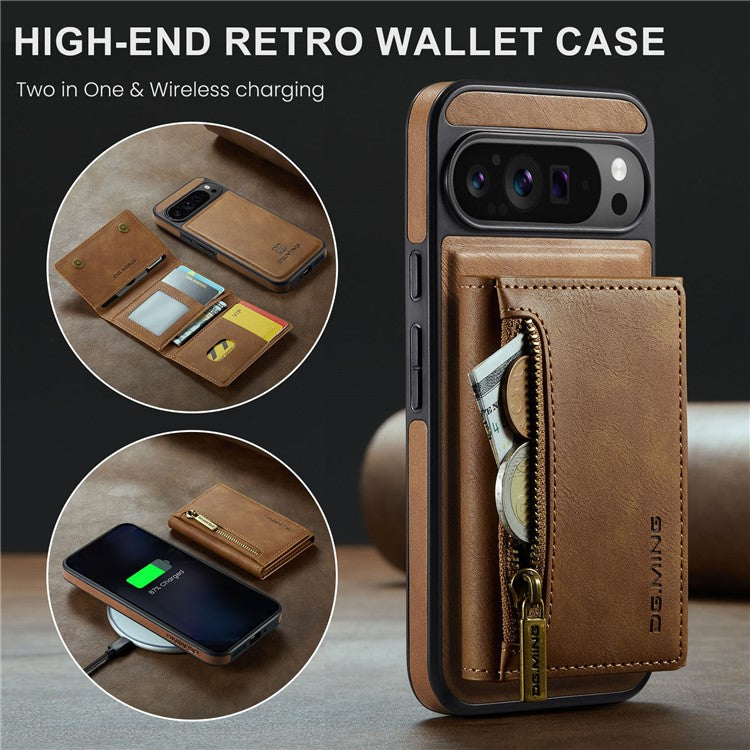 DG.MING M5 Series For Google Pixel 9 Pro XL Case Detachable Magnetic Leather Phone Cover with Card Slots - Brown