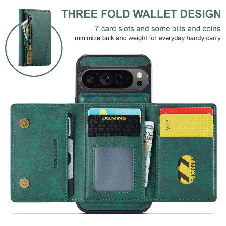 DG.MING M5 Series For Google Pixel 9 Pro XL Case Detachable Magnetic Leather Phone Cover with Card Slots - Green