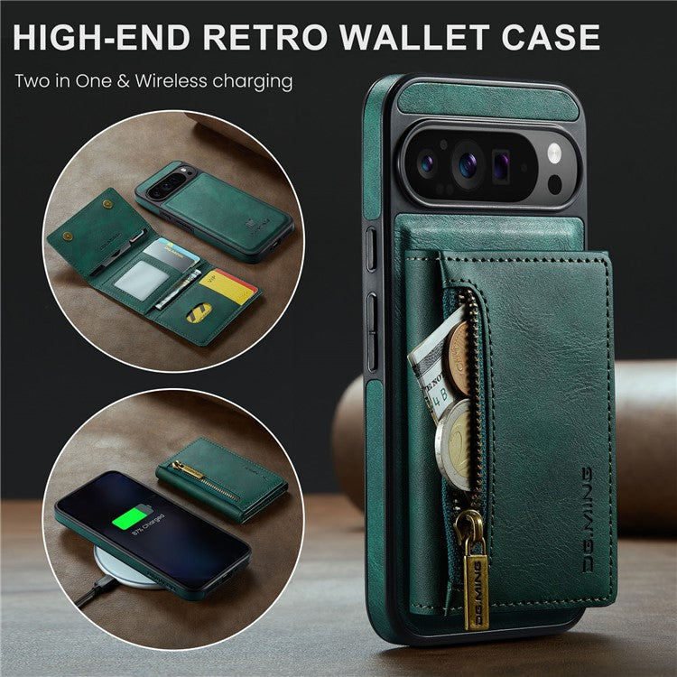 DG.MING M5 Series For Google Pixel 9 Pro XL Case Detachable Magnetic Leather Phone Cover with Card Slots - Green